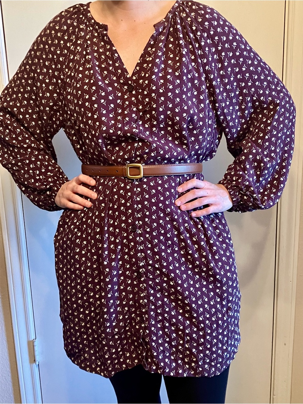 Treasure & Bond Chocolate Maroon Floral Long Sleeve Mini Dress M
